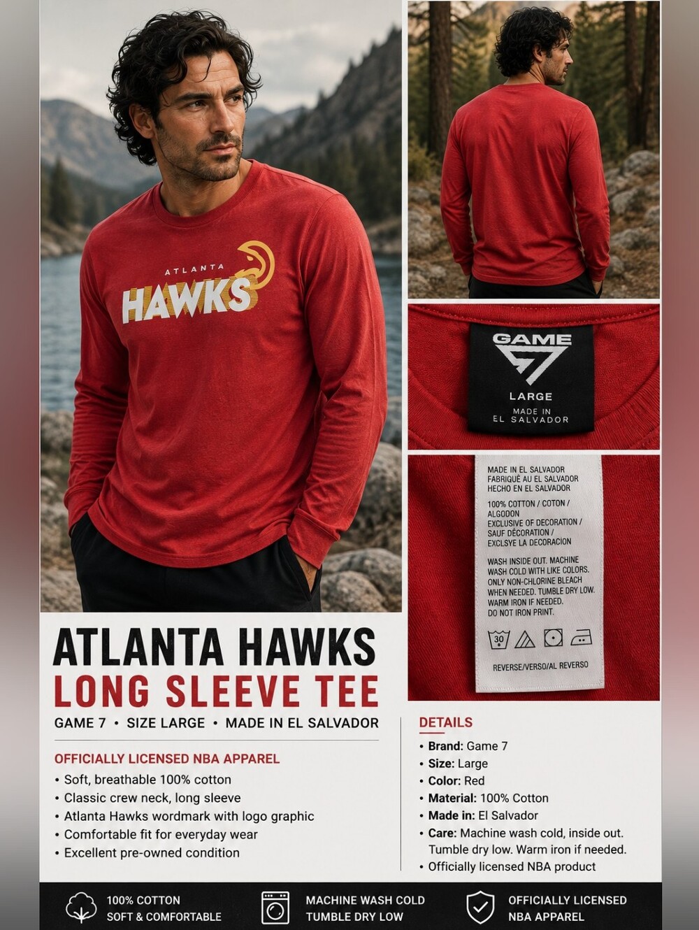 NWT Atlanta Hawks Red Long Sleeve Tee - Men's